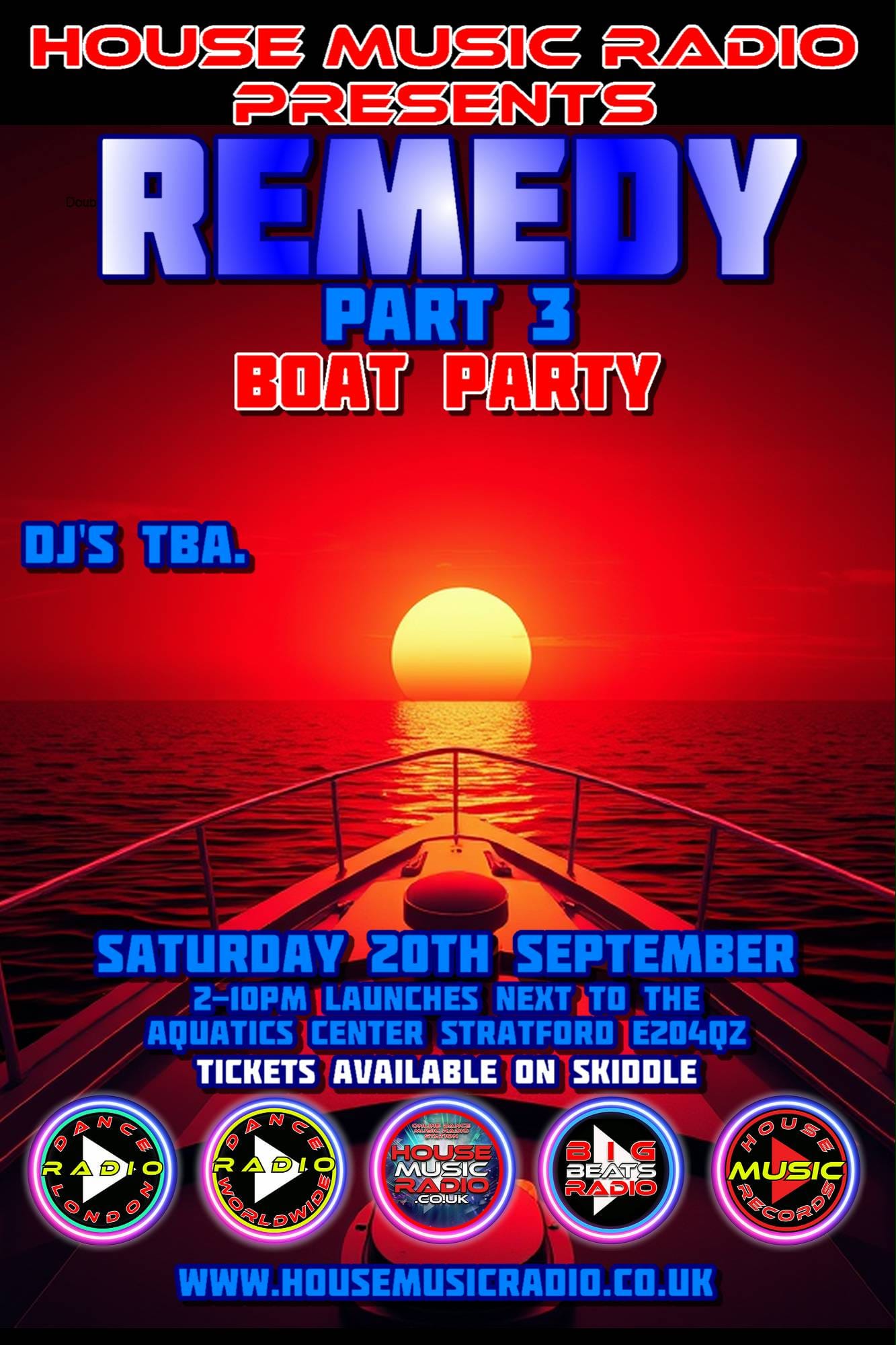 Saturday 20th September 2025 Remedy Part 3 , House Music Radio Boat Party Flyer